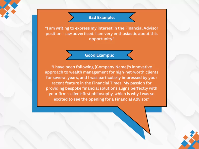 A visual comparing good and bad financial advisor cover letter examples for job applications