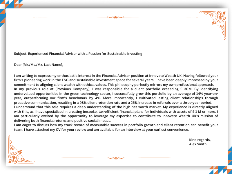 Financial Advisor Cover Letter Example offering a model for expressing interest in sustainable investing roles
