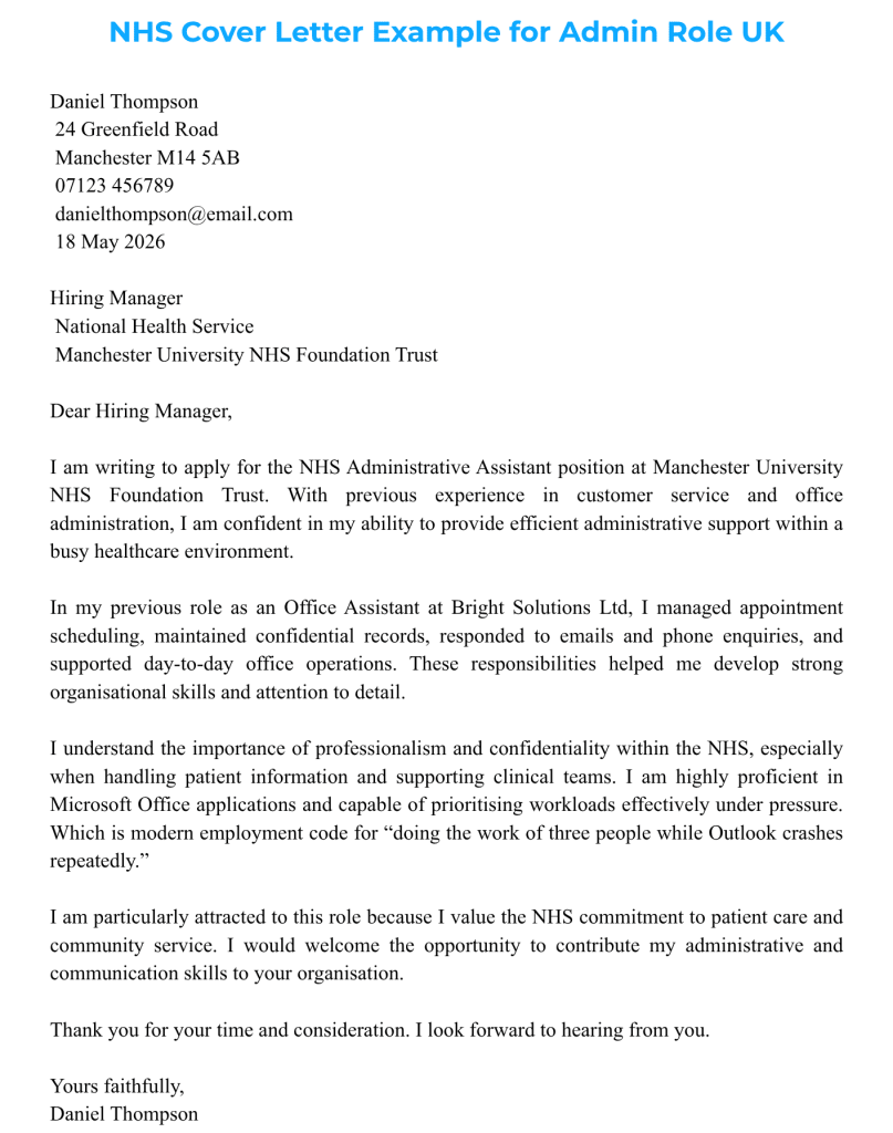 NHS Job Cover Letter example for an administrative assistant role in the UK