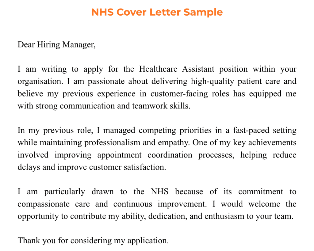 A sample text layout of an NHS Cover Letter for a job application