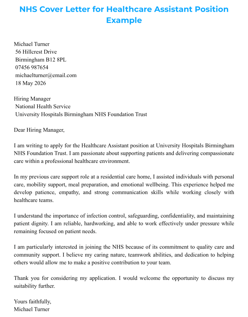 NHS Cover Letter example template for a Healthcare Assistant position