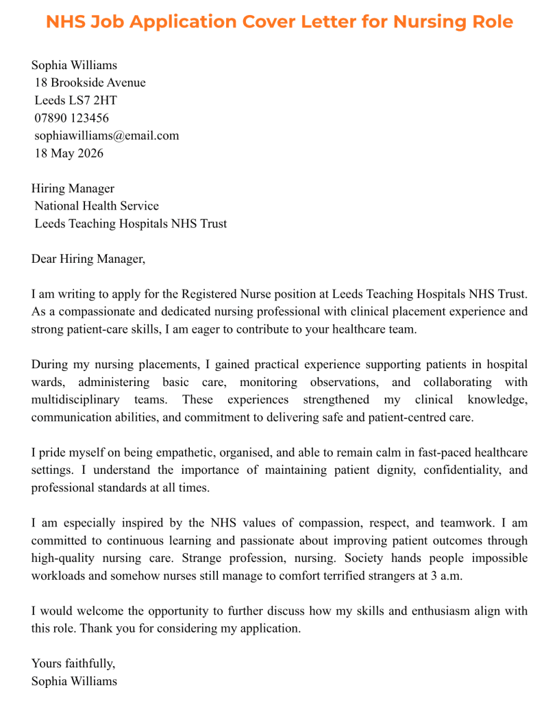 NHS Job Cover Letter sample explicitly written for a nursing position