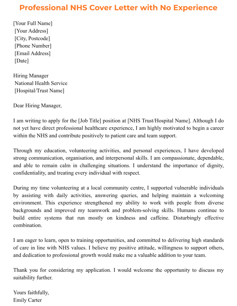 Professional NHS Cover Letter example designed for an applicant with no experience