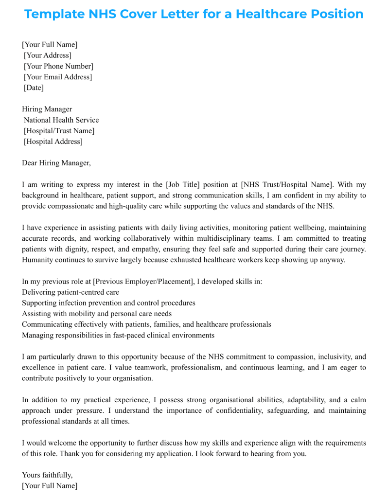 Template NHS Cover Letter layout for a professional healthcare job application