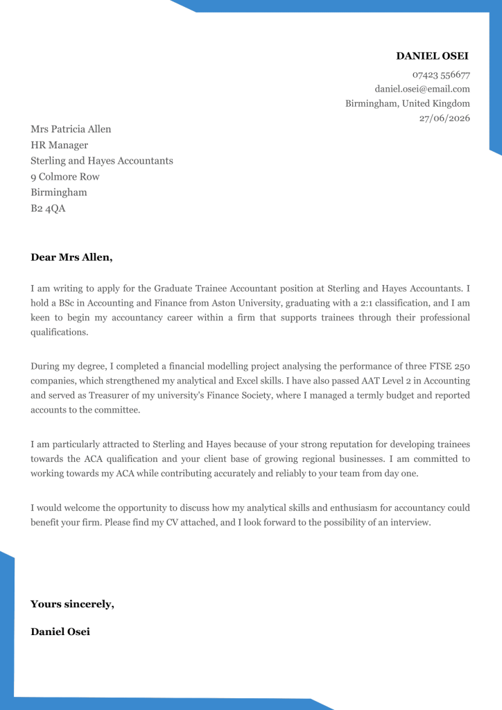 ATS-friendly Beginner Cover Letter Format Example (Trainee Accountant)