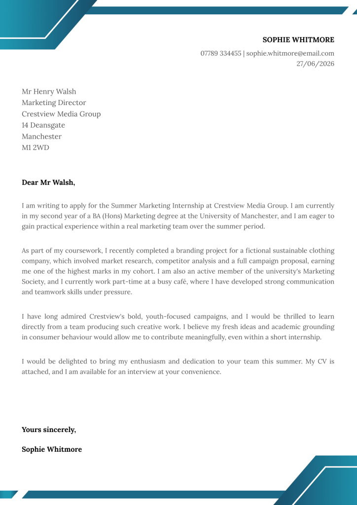 Classic Cover Letter Format for Students with No Experience (Marketing Internship)