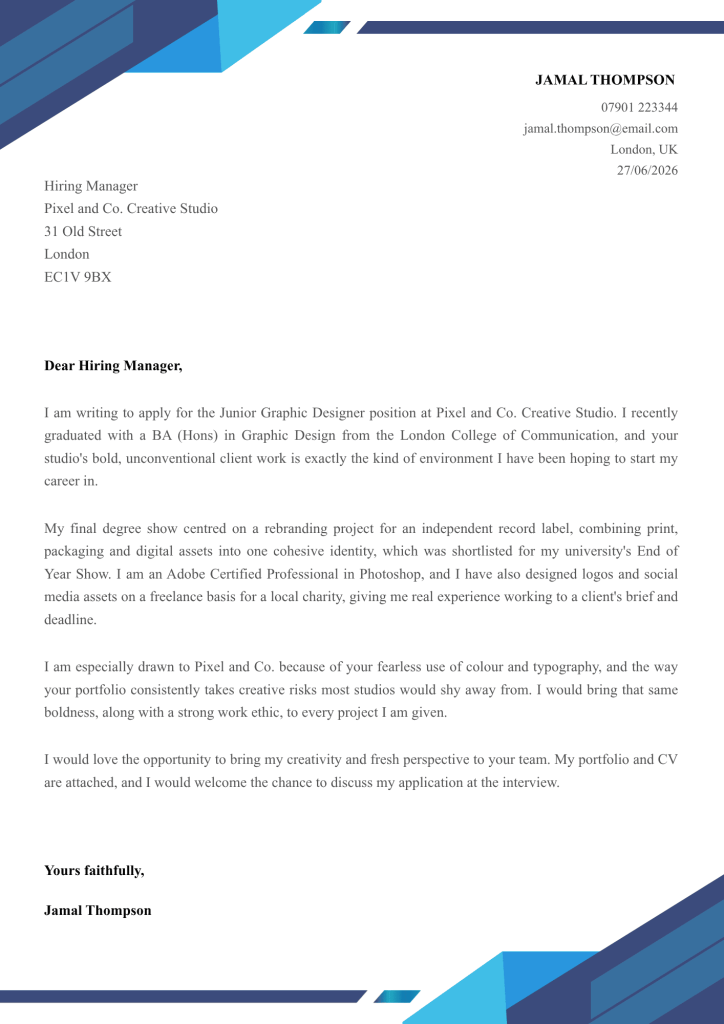 Bold Beginner Cover Letter Format Sample (Junior Graphic Designer)