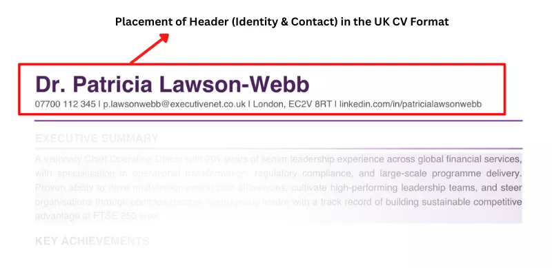an image showing the ideal place for identity and contact information in a UK CV format
