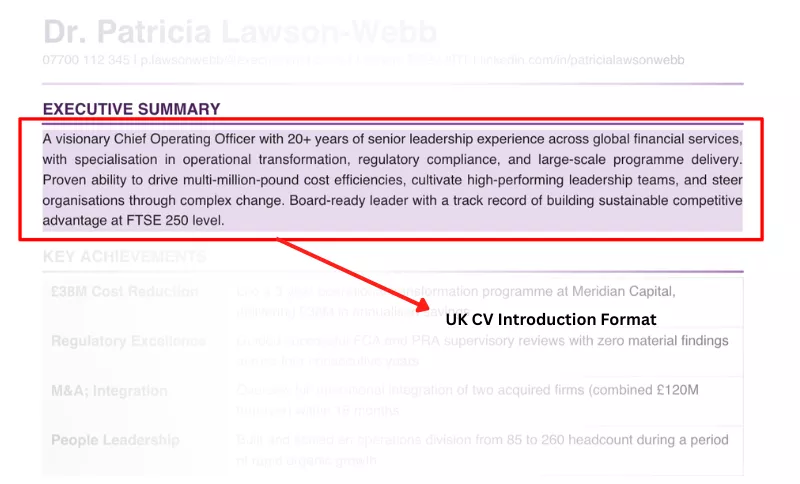 an image showing the ideal place for introduction (personal summary) information in a UK CV format