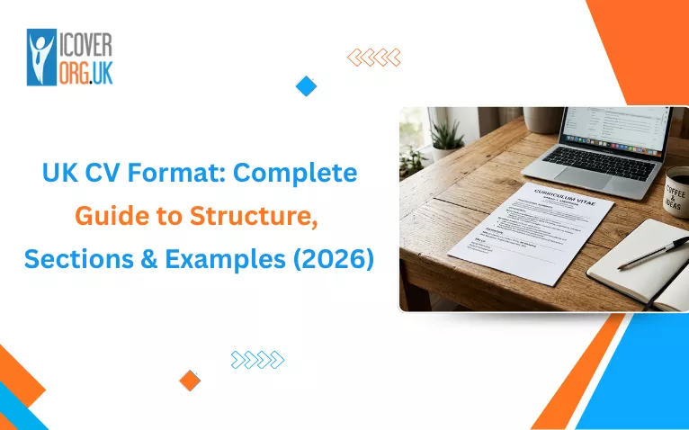 A banner image with topic text: UK CV Format: Complete Guide to Structure, Sections & Examples (2026)