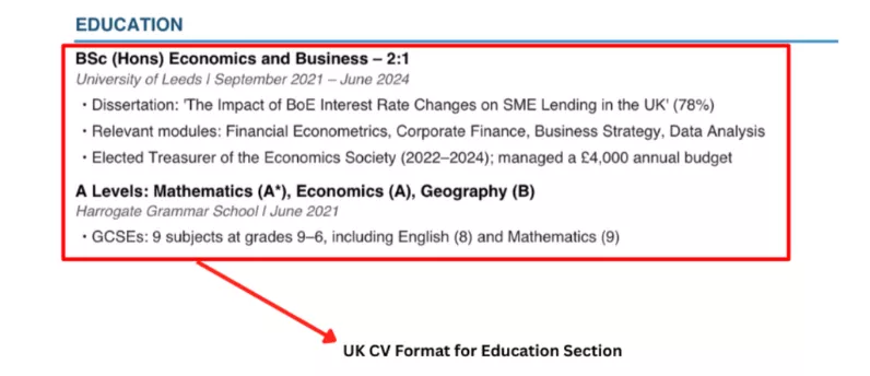 an image showing the ideal place for the education section in a UK CV format
