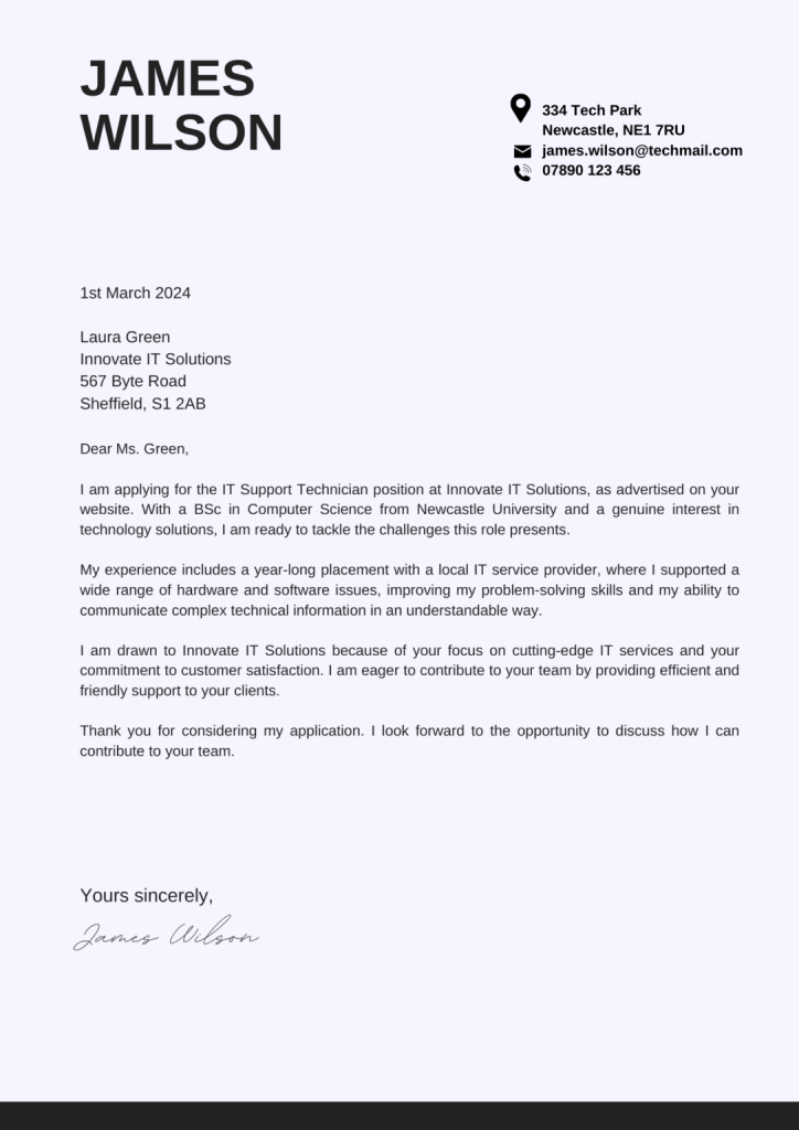 An IT Support Technician First Time Job Application Letter