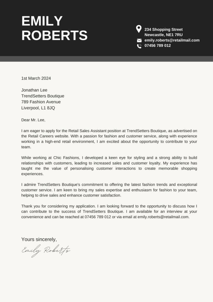 A Sales Assistant Cover Letter No Experience