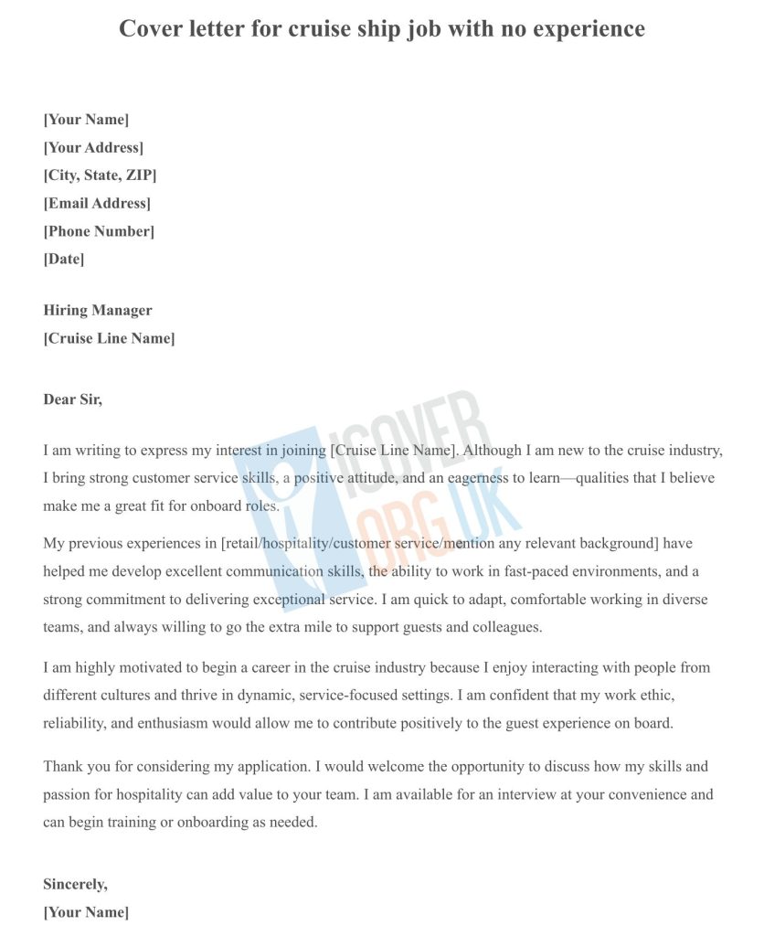 The image is showing Cruise Ship Job Cover Letter Example with no experience