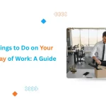 Things to Do on Your Last Day of Work guide with employee packing belongings in an office