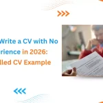 A graphic title for an Unskilled CV example guide, featuring a professional person reviewing a CV