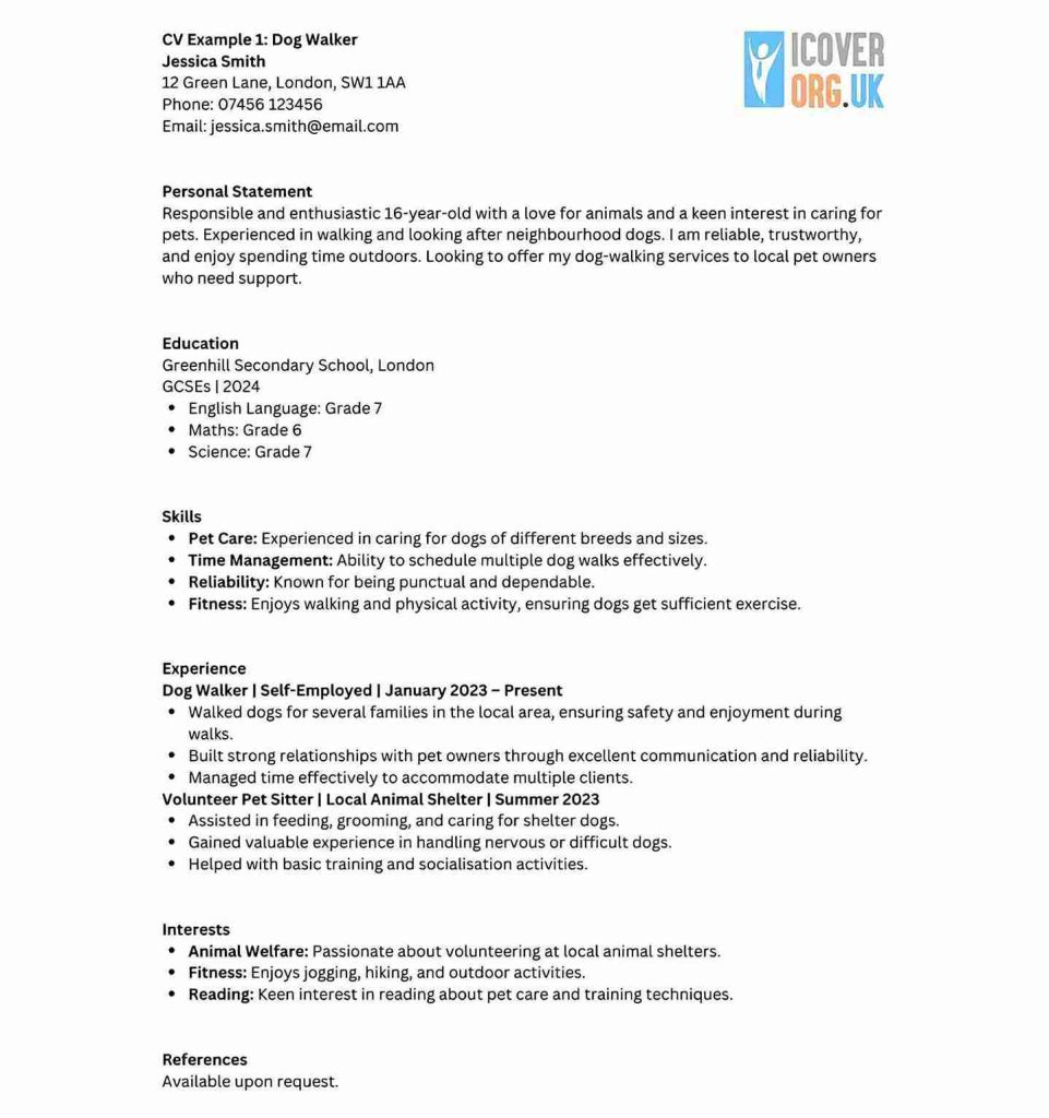 CV Example For 16 Year Olds for Dog Walker Job