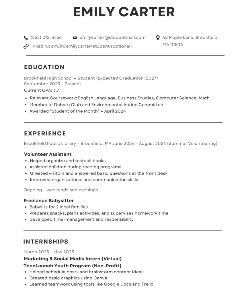 Emily Carter's CV example for 16 year olds, detailing education, experience as volunteer and babysitter