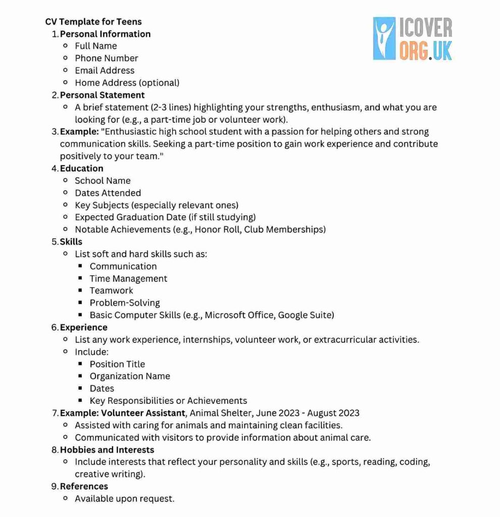 CV example for 16 year olds showing skills, achievements, interests, personal info, and references