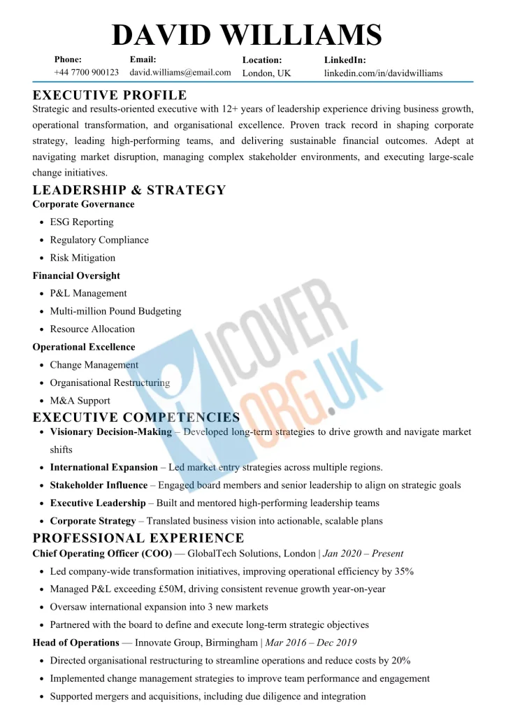 a skill-based CV sample for executive or senior roles