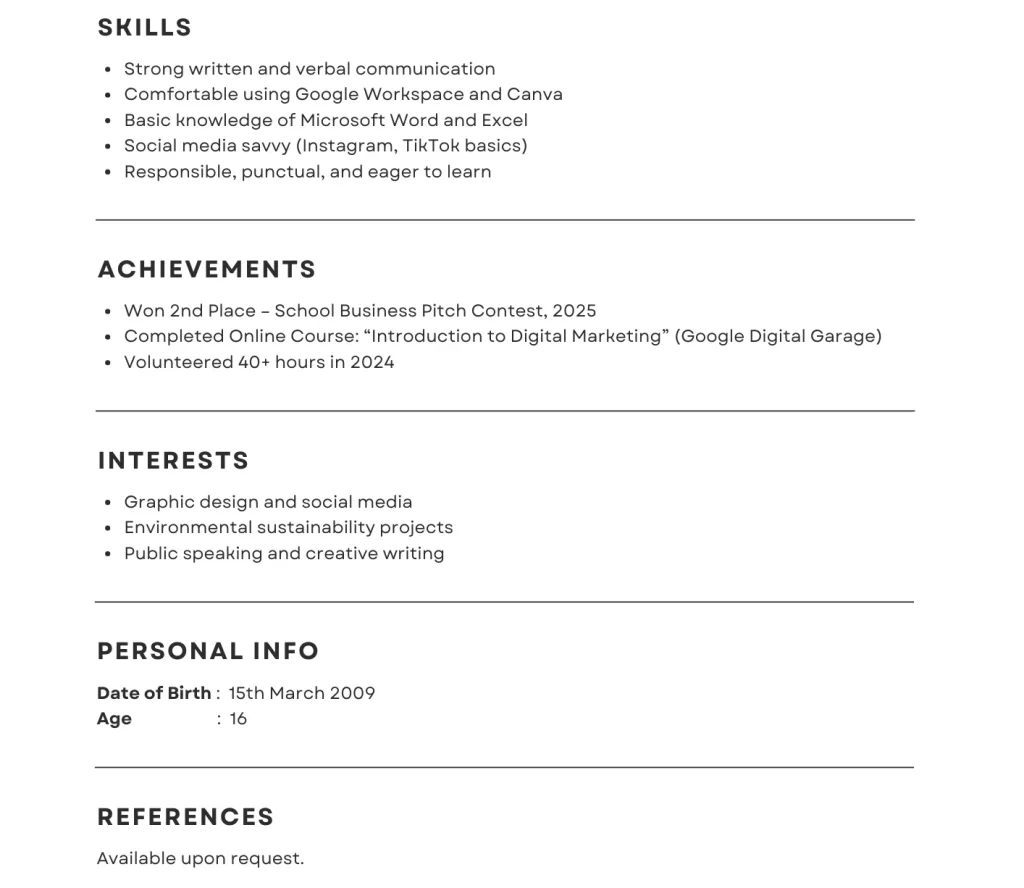 CV example for 16 year olds template showing sections like personal info, education, skills, and experience.