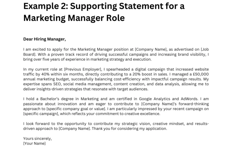 Supporting Statement Example: Opening statement for a Marketing Coordinator role, focusing on experience and proven success in campaigns