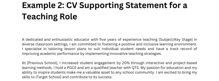 Supporting Statement Example: Detailed text for a Teaching Role CV, emphasising student engagement, qualifications, and learning strategies
