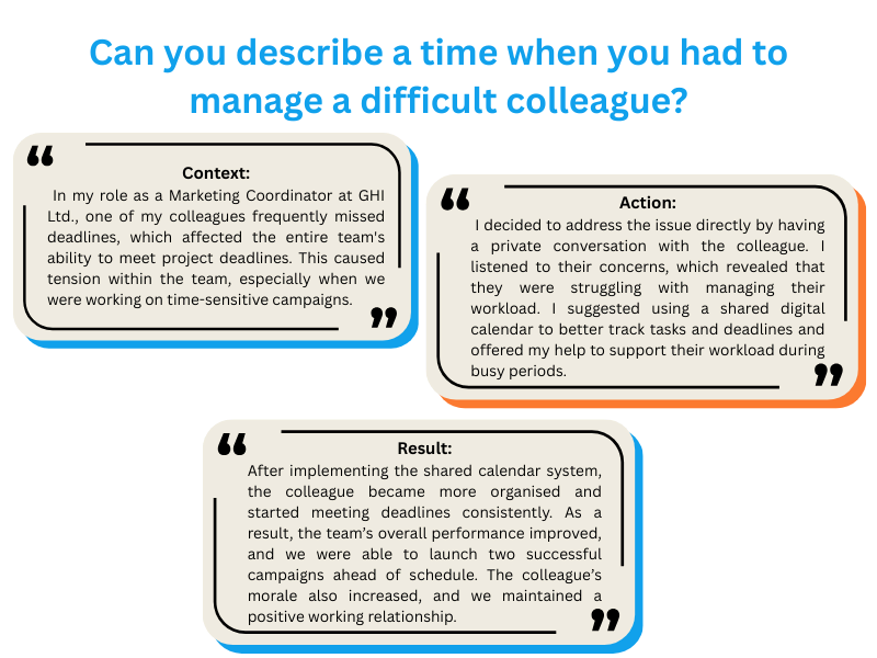 CAR technique in Interviews: Manage difficult colleagues by sharing Context, Action, and Result using interview framework