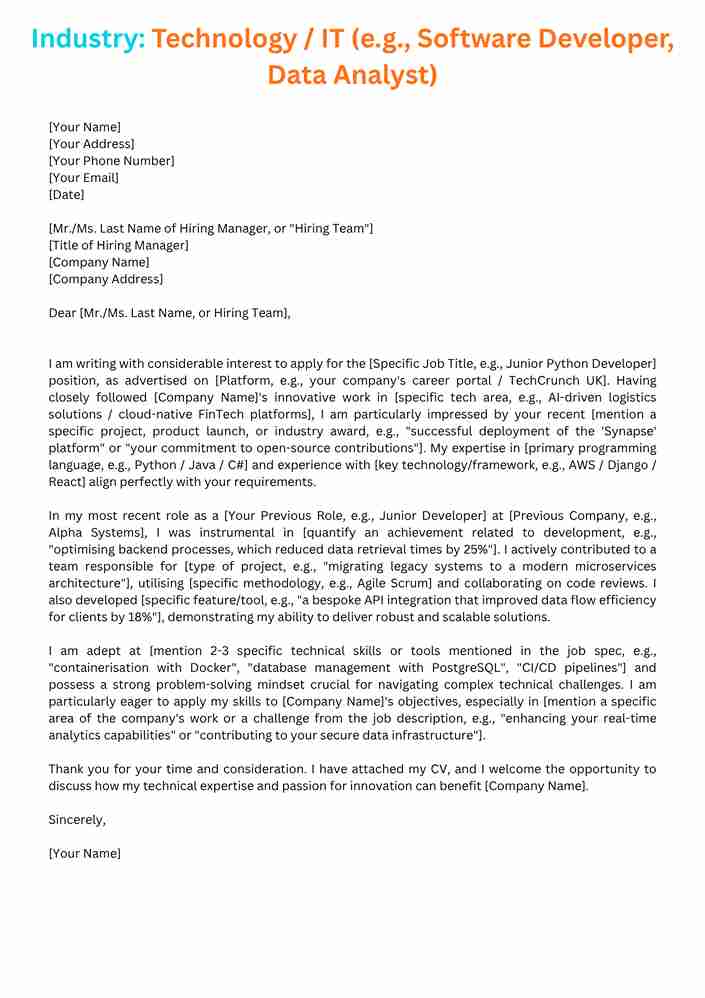 Cover Letter template for the Technology/IT industry, including roles like Software Developer and Data Analyst