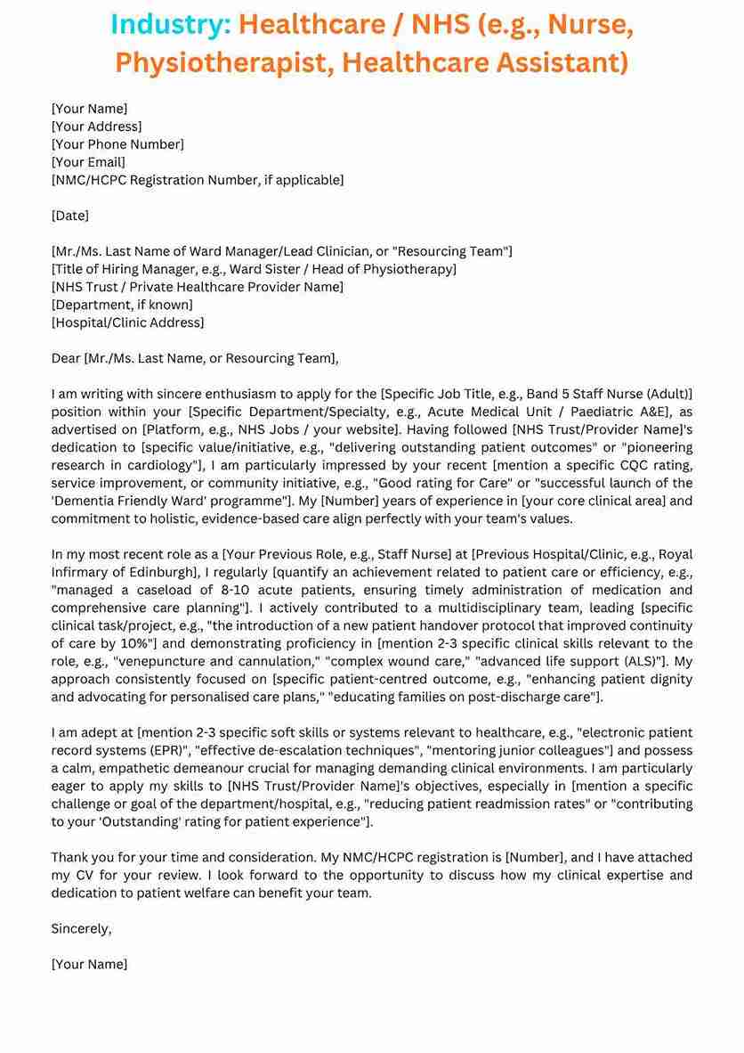 Cover Letter template for the Healthcare/NHS industry, applicable to a Nurse or Physiotherapist role.