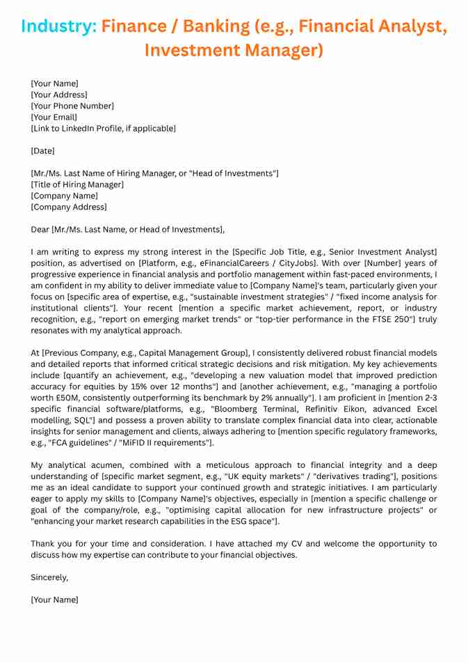 Cover Letter template for the Finance/Banking industry, perfect for a Financial Analyst or Investment Manager.