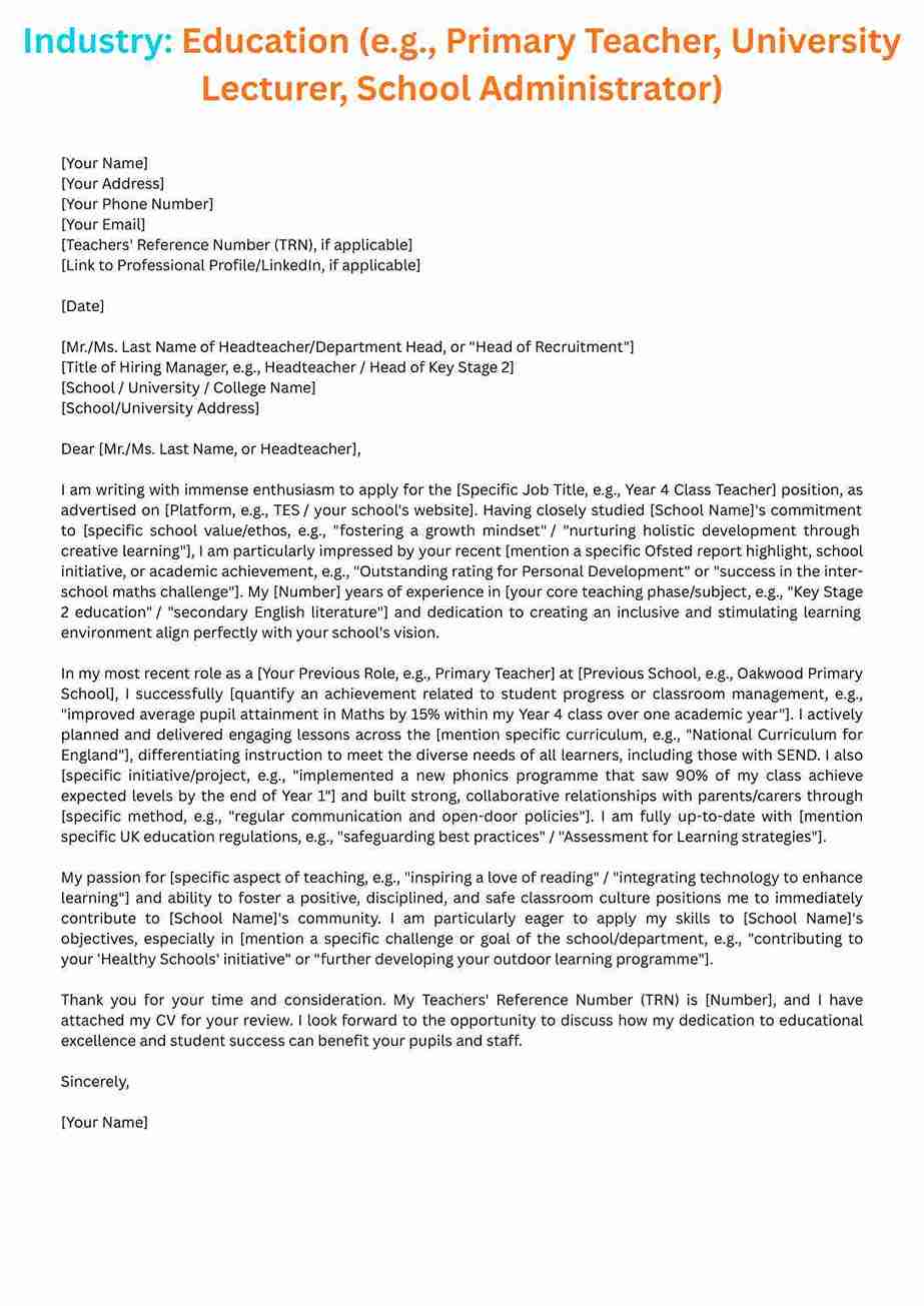 Cover Letter template for the Education industry, for roles like Primary Teacher or University Lecturer.