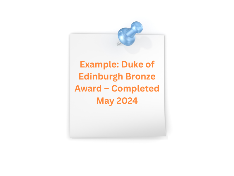 A sticky note showing Duke of Edinburgh Award for CV examples for 16 year olds