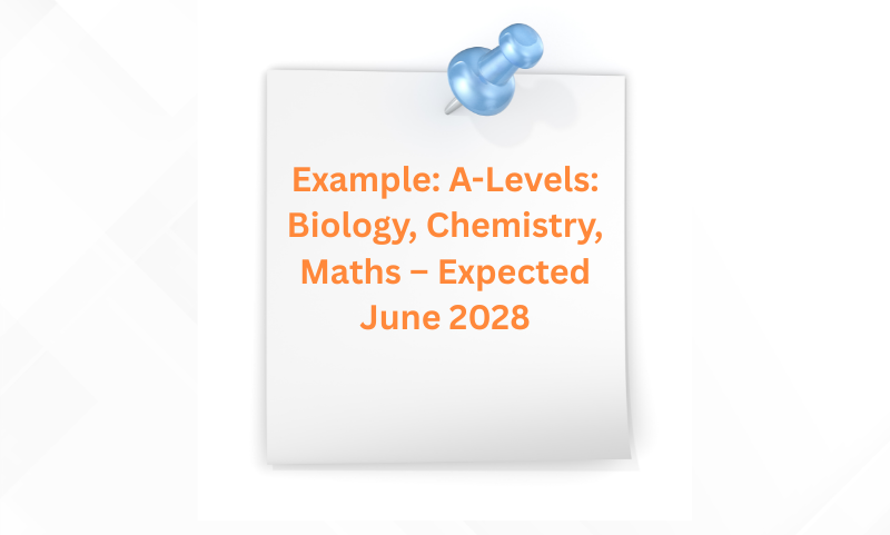 A sticky note with A-Levels education details for CV examples for 16 year olds