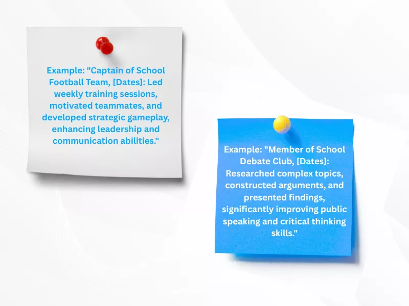 Two sticky notes with CV examples for 16 year olds: Captain of School Football Team and Member of Debate Club