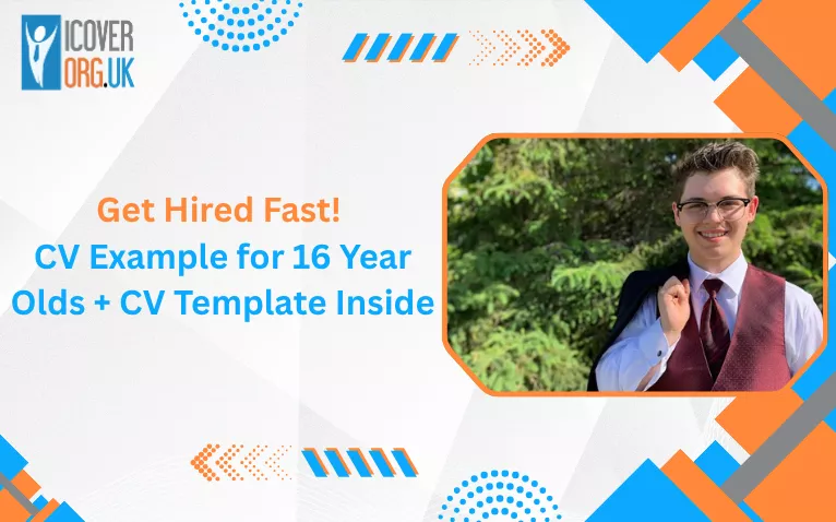 A young person smiling with "CV Example For 16 Year Olds" text, suggesting a guide