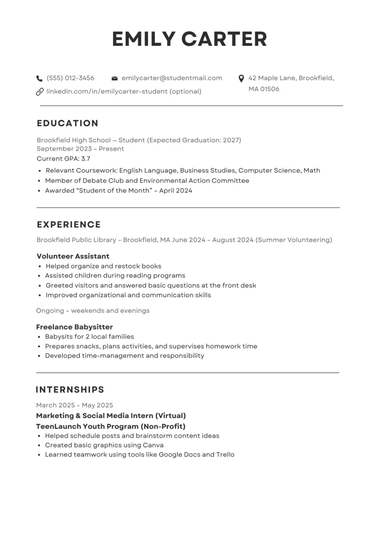 Emily Carter's CV example for 16 year olds, detailing education, experience as volunteer and babysitter