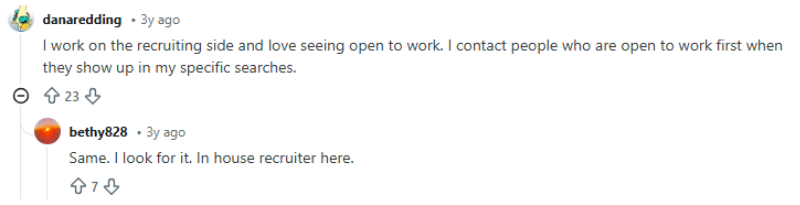 Recruiters discussing how they prioritize candidates using the LinkedIn open to work feature.