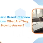 Image shows an open book and a man working on a laptop, relating to Scenario Based Interview Questions preparation