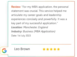 Customer review praising the best CV writing service company in the UK for MBA support.