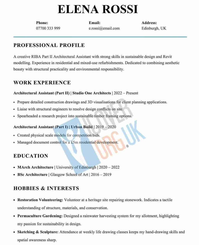 example of Architect CV Hobbies and Interests Section