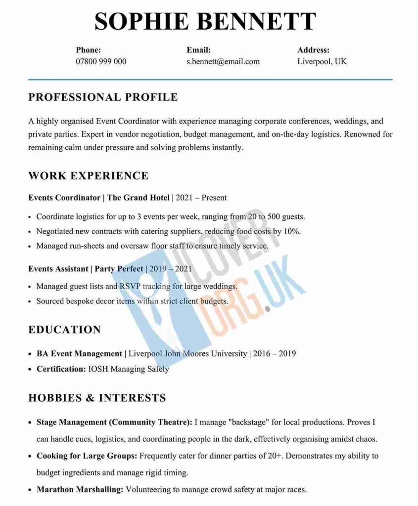 example of Event Planner CV Hobbies and Interests Section