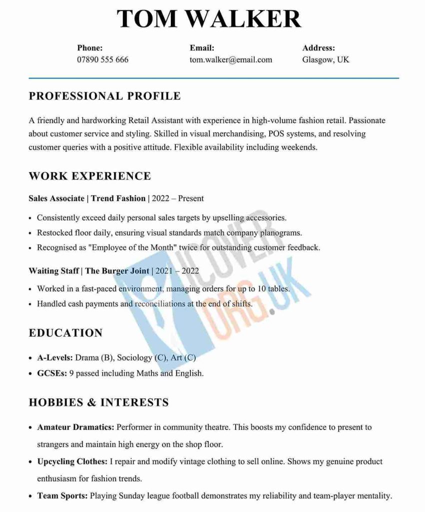 example of Retail Assistant CV Hobbies and Interests Section