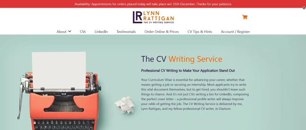 Website banner of a leading competitor to the best CV writing service company in the UK.