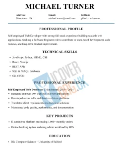 Professional CV for Michael Turner, Web Developer, detailing technical skills, professional experience, key projects, and education