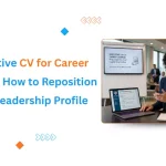 Banner showing cv writer with laptop who will write executive cv for career change.