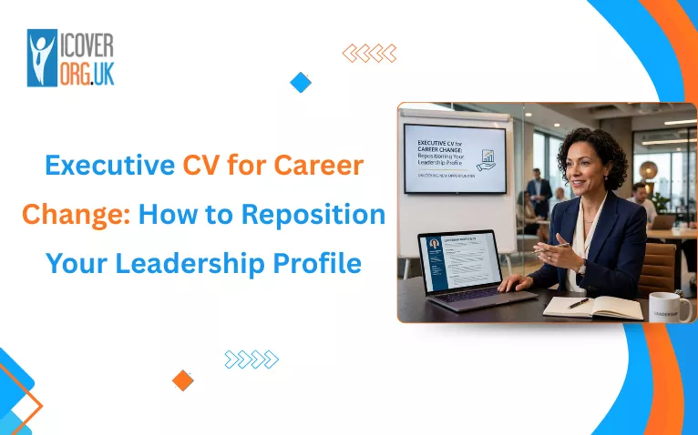 Banner showing cv writer with laptop who will write executive cv for career change.