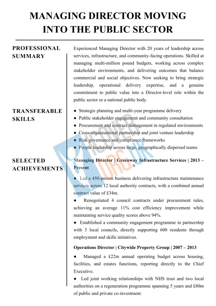 Sample CV for managing director moving into the public sector.