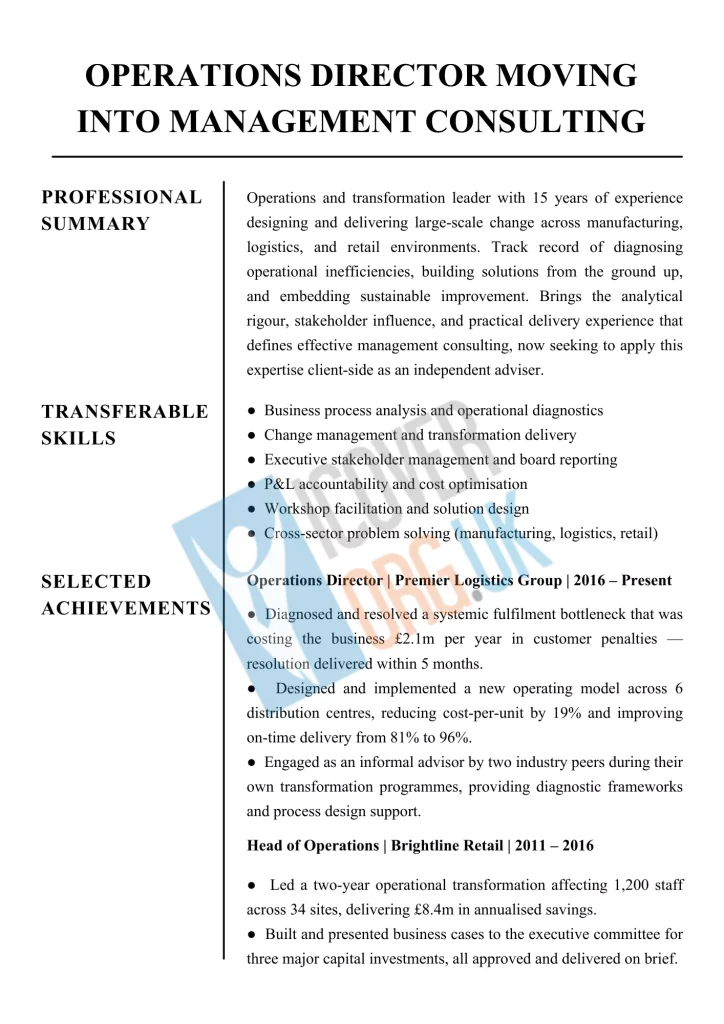 Sample CV for operations director moving into management consulting.