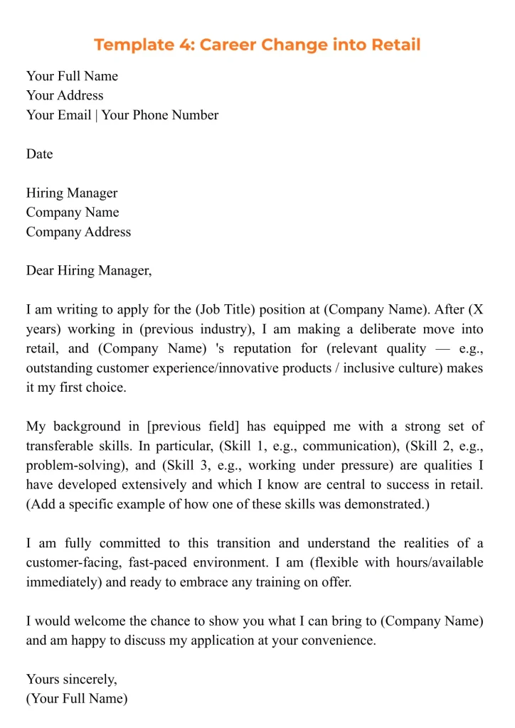 A career change retail cover letter template for a job application.
